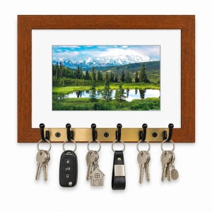 Decorative Wooden Photo Frame Key Hanger With Nature Picture, 12 X 8 Inch Wall Key Holder, 10 X 6 Inch Glossy Photo Frame, 6 Metal Hooks, Home Entrance Decor, Made In India (F38856)