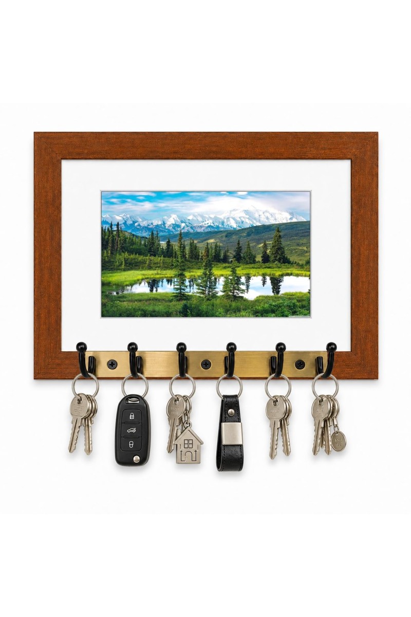 Decorative Wooden Photo Frame Key Hanger With Nature Picture, 12 X 8 Inch Wall Key Holder, 10 X 6 Inch Glossy Photo Frame, 6 Metal Hooks, Home Entrance Decor, Made In India (F38856)