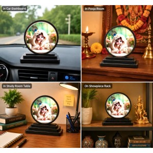 Car Dashboard Wooden Baby Krishna Showpiece | 4 X 4.5 Inch Sublimation Printed Decorative Stand | 4 Mm MDF | Home Decor | Made in India (F33283)