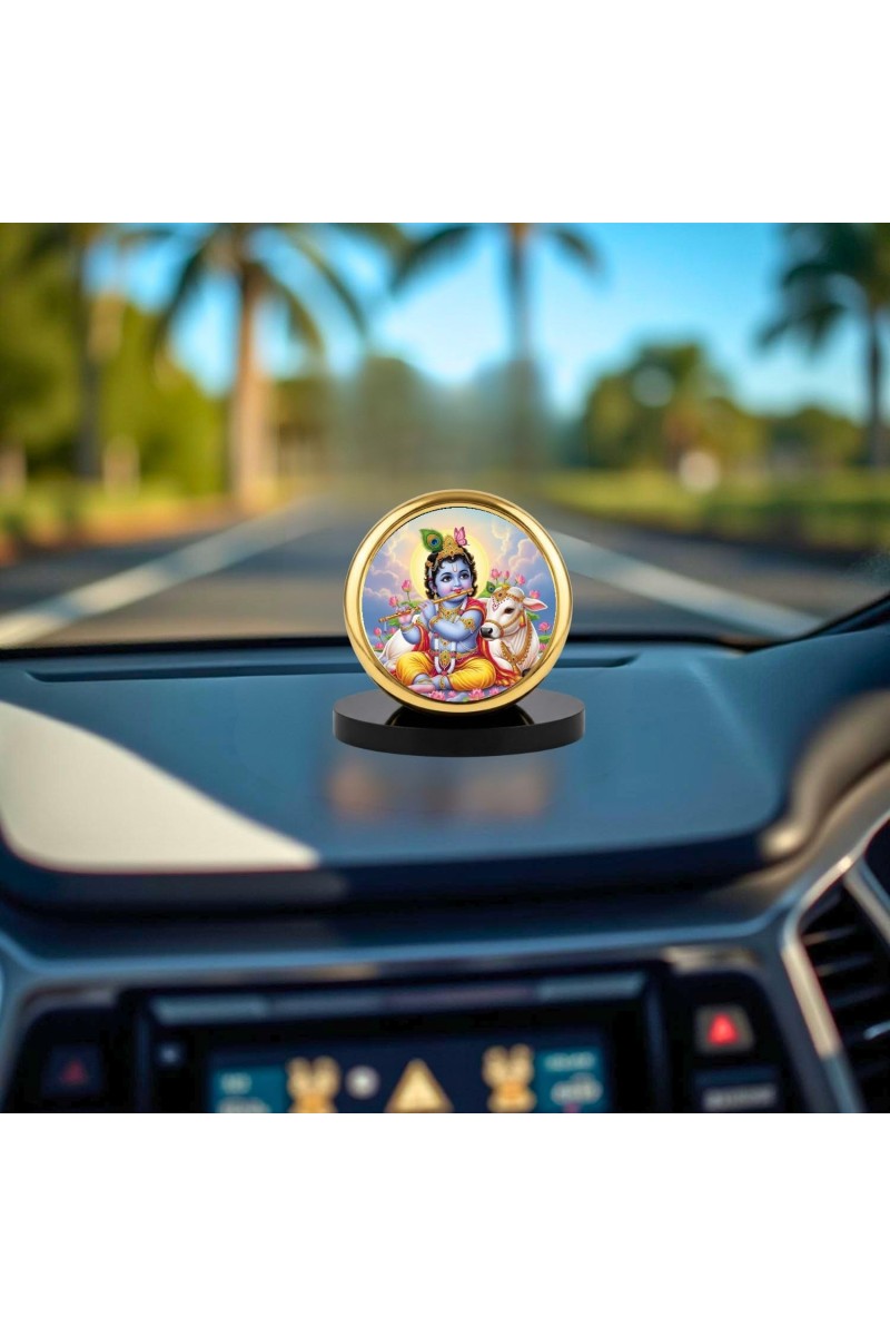 Car Dashboard/Table Top Lord Krishna Metal Golden Photo Stand 2x2 Inches, Compact & Stylish Spiritual Display For Car, Home & Office (Pack Of 1) (F24747)