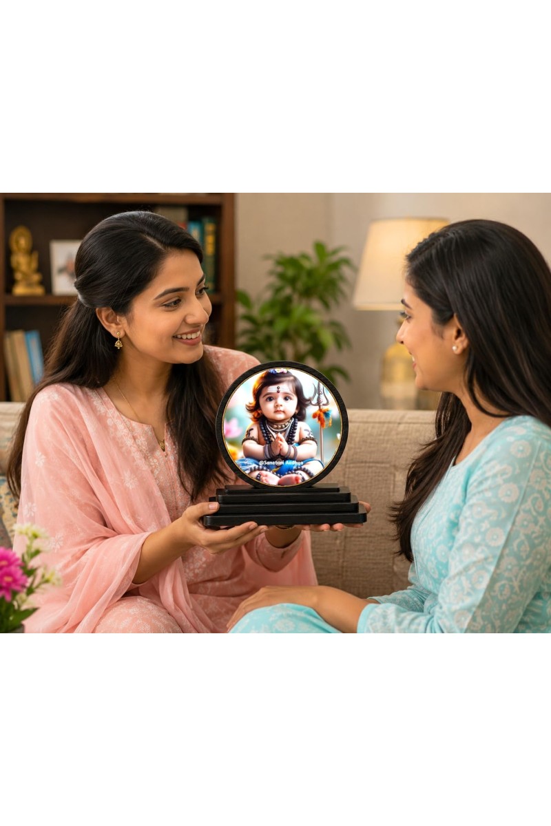 Car Dashboard Wooden Baby Shiva Showpiece | 4 X 4.5 Inch Sublimation Printed Decorative Stand | 4 Mm MDF | Home Decor | Made in India (F33277)