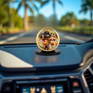 Car Dashboard/Table Top Radhaa Krishna Metal Golden Photo Stand 2x2 Inches, Compact & Stylish Spiritual Display For Car, Home & Office (Pack Of 1) (F24529)