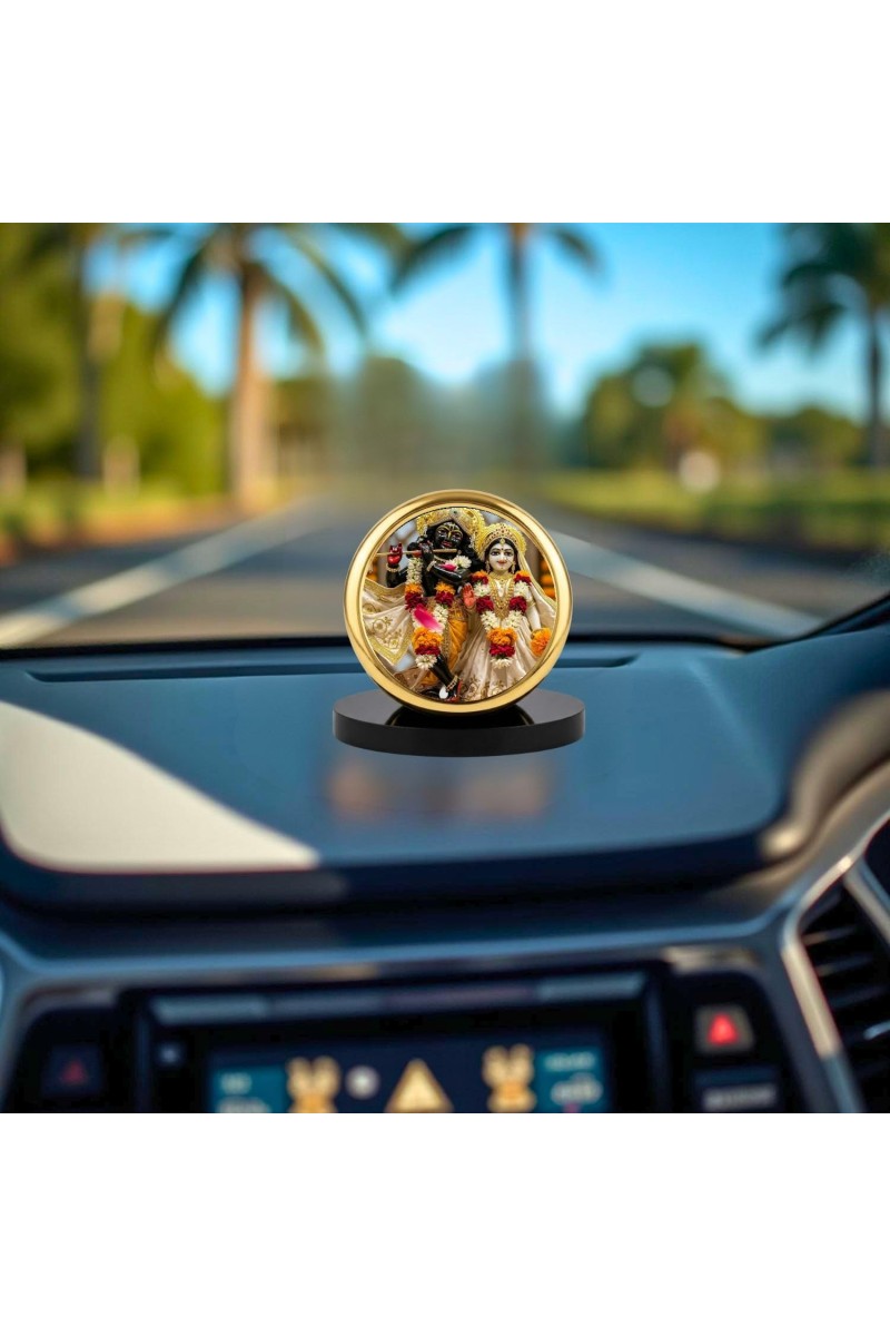 Car Dashboard/Table Top Radhaa Krishna Metal Golden Photo Stand 2x2 Inches, Compact & Stylish Spiritual Display For Car, Home & Office (Pack Of 1) (F24529)