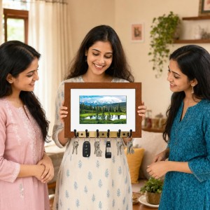 Decorative Wooden Photo Frame Key Hanger With Nature Picture, 12 X 8 Inch Wall Key Holder, 10 X 6 Inch Glossy Photo Frame, 6 Metal Hooks, Home Entrance Decor, Made In India (F38856)