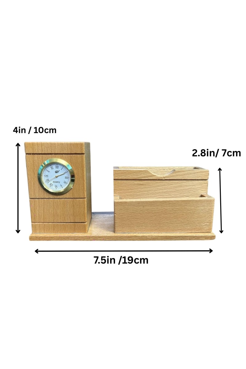 Wooden Pen Stand with Analog Clock & Business Card Holder | Multipurpose Desk Organizer for Office Table | Pen Pencil Holder | Wooden Stationery Organizer for Home & Office