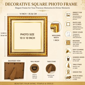 10x10 Empty Golden Photo Frame for Wall Decor | Decorative Picture Frame for Photos, Paintings & Religious Images | Classic Gold Finish | Home, Office & Gift Display
