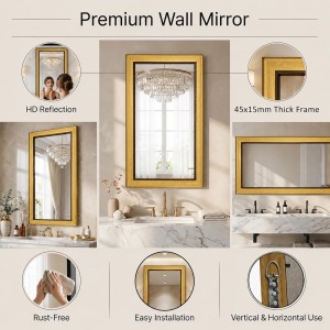 Acrylic Wall Mirror with Gold & Brown Decorative Frame | Wall Mounted Mirror for Entryway, Living Room, Bedroom & Bathroom | Lightweight, Shatter-Resistant, Durable & Clear Reflection