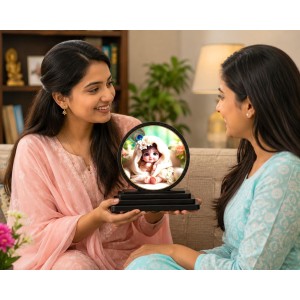 Car Dashboard Wooden Baby Krishna Showpiece | 4 X 4.5 Inch Sublimation Printed Decorative Stand | 4 Mm MDF | Home Decor | Made in India (F33283)