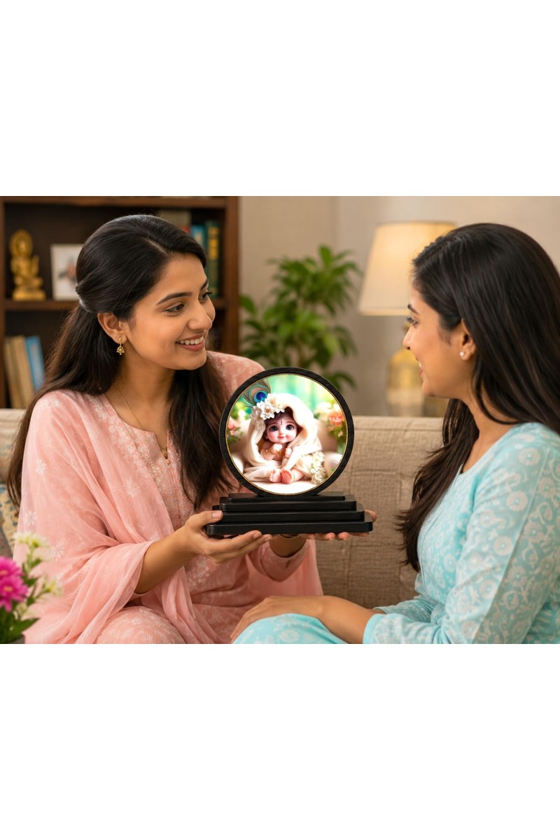Car Dashboard Wooden Baby Krishna Showpiece | 4 X 4.5 Inch Sublimation Printed Decorative Stand | 4 Mm MDF | Home Decor | Made in India (F33283)