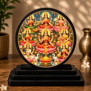 Car Dashboard Wooden Ashta Lakshmi Showpiece | 4 X 4.5 Inch Sublimation Printed Decorative Stand | 4 Mm MDF | Home Decor | Made in India (F33350)