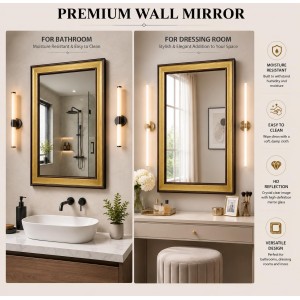 Acrylic Wall Mirror with Gold & Brown Decorative Frame | Wall Mounted Mirror for Entryway, Living Room, Bedroom & Bathroom | Lightweight, Shatter-Resistant, Durable & Clear Reflection