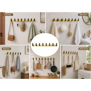8 Hook Wall Mounted Coat & Towel Hanger Rack | Stainless Steel Heavy Duty Multipurpose Hook Rail | Bathroom, Kitchen, Bedroom & Entryway Organizer | Includes 4 Mounting Screws | Gold & Black 8 Hook Wall Mounted Coat & Towel Hanger Rack | Stainless Steel Heavy Duty Multipurpose Hook Rail | Bathroom, Kitchen, Bedroom & Entryway Organizer | Includes 4 Mounting Screws | Gold & Black