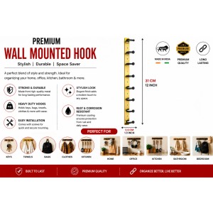 8 Hook Wall Mounted Coat & Towel Hanger Rack | Stainless Steel Heavy Duty Multipurpose Hook Rail | Bathroom, Kitchen, Bedroom & Entryway Organizer | Includes 4 Mounting Screws | Gold & Black 8 Hook Wall Mounted Coat & Towel Hanger Rack | Stainless Steel Heavy Duty Multipurpose Hook Rail | Bathroom, Kitchen, Bedroom & Entryway Organizer | Includes 4 Mounting Screws | Gold & Black