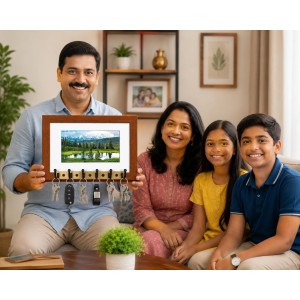 Decorative Wooden Photo Frame Key Hanger With Nature Picture, 12 X 8 Inch Wall Key Holder, 10 X 6 Inch Glossy Photo Frame, 6 Metal Hooks, Home Entrance Decor, Made In India (F38856)