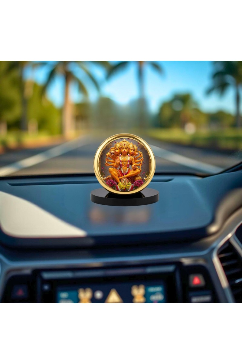 Car Dashboard/Table Top Panchmukhi Hanuman Metal Golden Photo Stand 2x2 Inches, Compact & Stylish Spiritual Display For Car, Home & Office (Pack Of 1) (F24711)