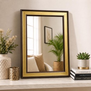 Acrylic Wall Mirror with Gold & Brown Decorative Frame | Wall Mounted Mirror for Entryway, Living Room, Bedroom & Bathroom | Lightweight, Shatter-Resistant, Durable & Clear Reflection