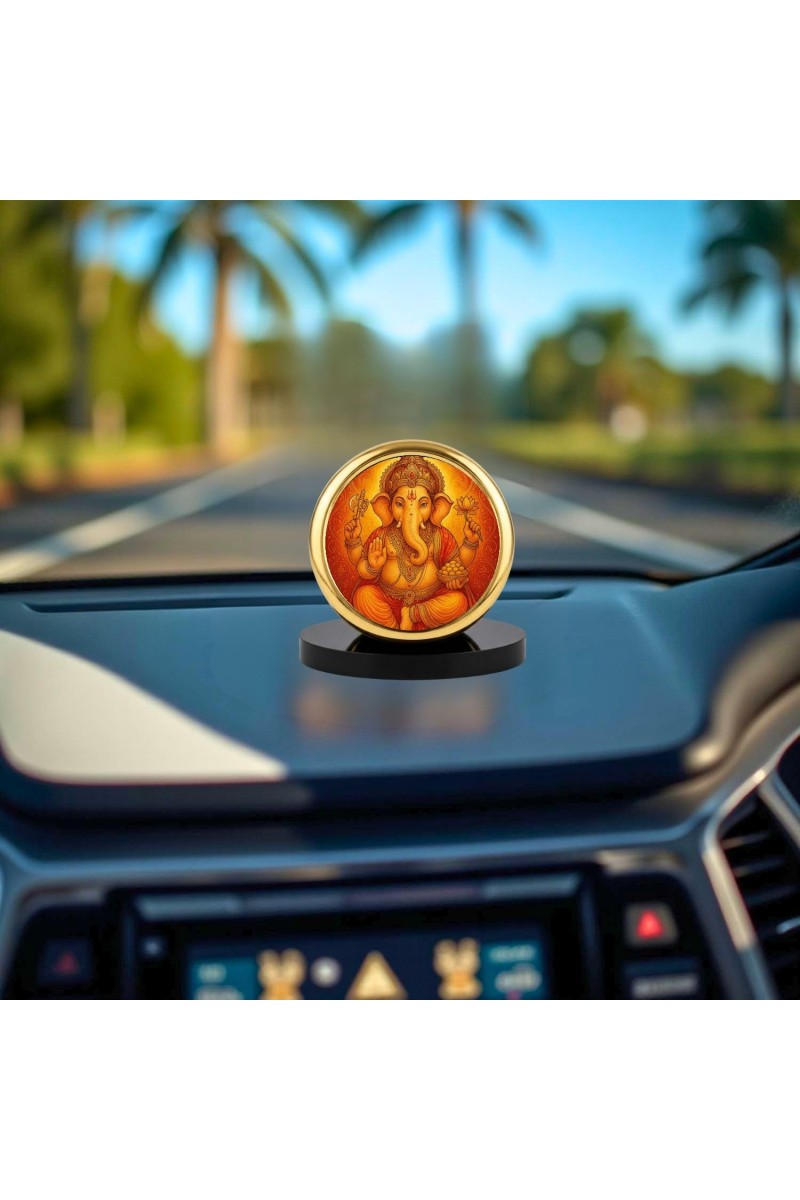 Car Dashboard/Table Top Lord Ganeshaa Metal Golden Photo Stand 2x2 Inches, Compact & Stylish Spiritual Display For Car, Home & Office (Pack Of 1) (F24779)