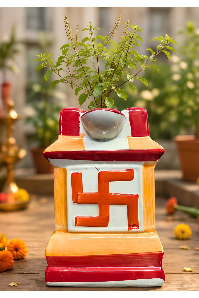 Handcrafted Ceramic Swastik Tulsi Mandir | Traditional Hindu Auspicious Symbol for Home Temple | Decorative Pooja Decor for Diwali, Navratri & Religious | Orange| Packed in a Premium Wooden Box