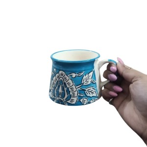 Handcrafted Blue Ceramic Tea & Coffee Cups with Floral Design | Hand-Painted Pottery Mugs | Microwave Safe | Blue Set of 6