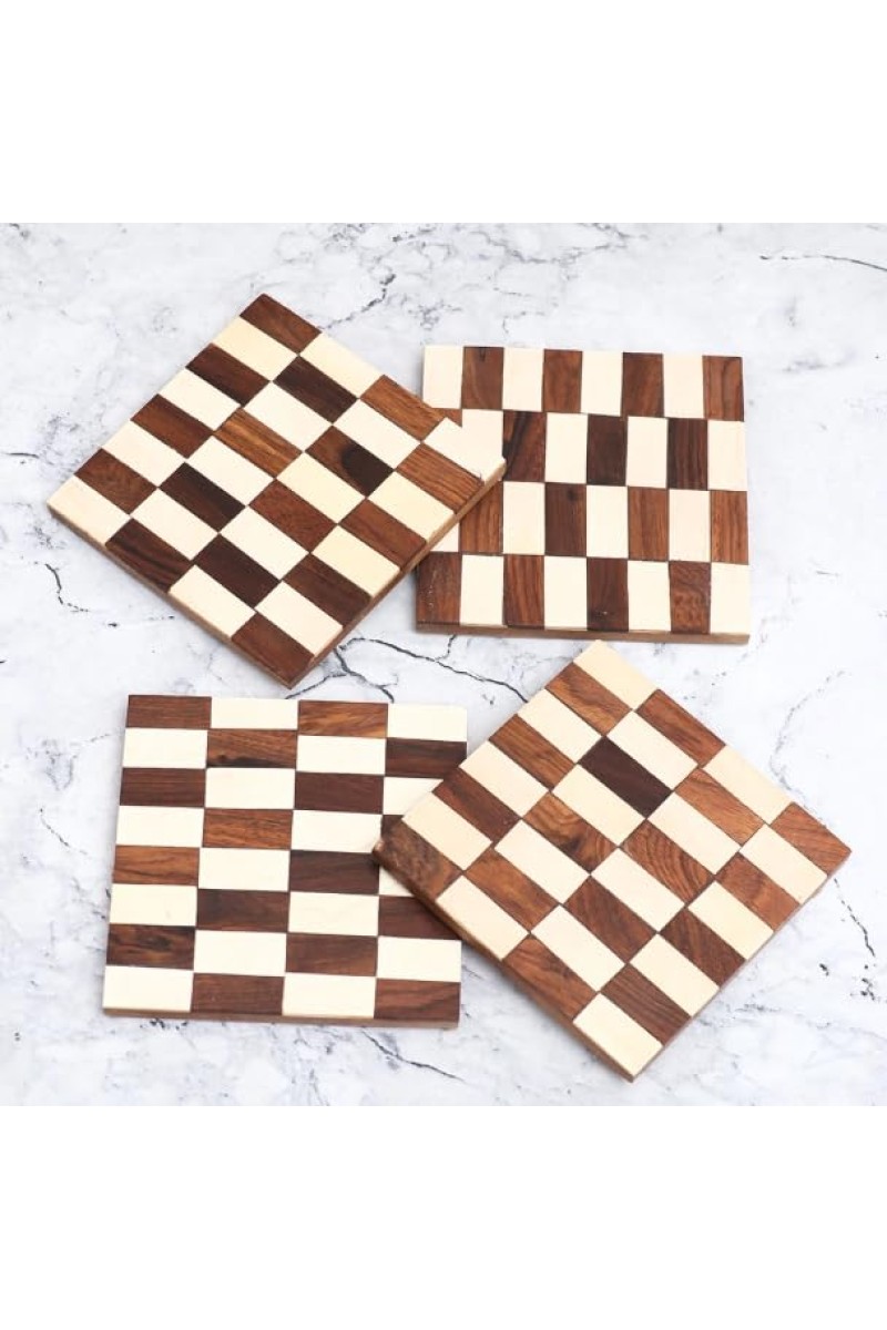 White and Brown Handcrafted Wooden Coasters – Set of 4 | Elegant Drink Mats for Tea, Coffee & Beverages | Rustic Tabletop Coaster Set for Home & Office Décor