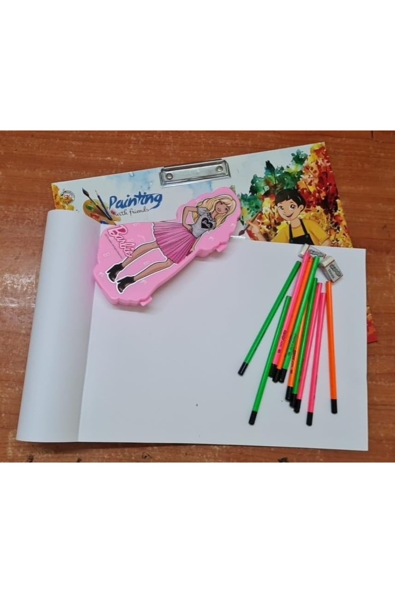 HiTech Sales Wooden Drawing Board with Large Drawing Notebook, 10 Drawing + 1 Writing Pencil 2 Eraser 1 Sharpner one 15 cm Scale one 2 lid Pencil Box Combo at Low Cost for Kids/Students, Girls & Boys