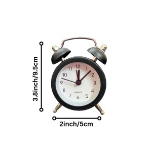 Small Twin-Bell Analog Alarm Clock for Bedroom | Loud Vintage Alarm, Battery Operated Mini Table Clock for Kids & Adults | Portable Classic Bedside Clock (1 Pc) (3.8 inch/2inch) Black