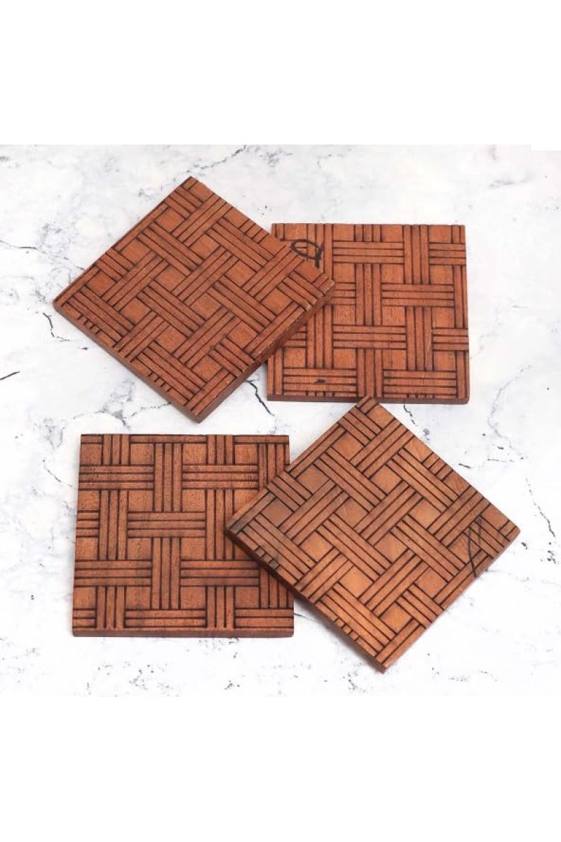 Antique Finish Modern Wooden Coasters – Set of 4 | Handcrafted Tea & Coffee Drink Mats | Rustic Table Coaster Set for Home, Office & Gift Use