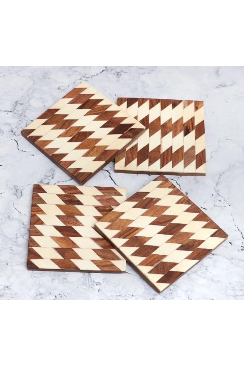 Modern Decorative Wooden Coasters – Set of 4 | Stylish Drink Mats for Tea, Coffee & Beverages | Elegant Wooden Coaster Set for Home, Office & Gifting