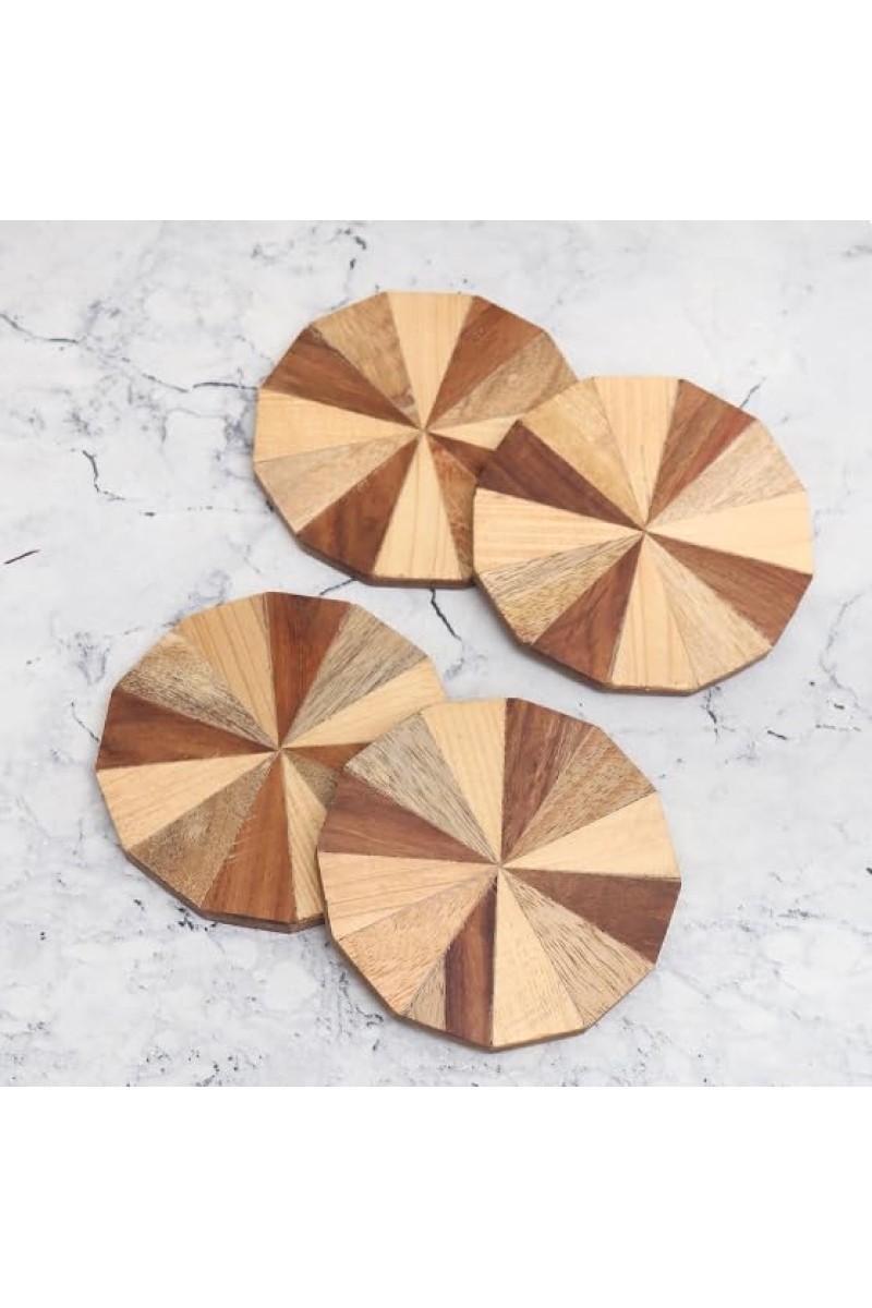 Modern Circle-Shaped Brown Wooden Coasters – Set of 4 | Round Drink Mats for Tea, Coffee & Beverages | Handcrafted Wooden Coaster Set for Home & Office Use