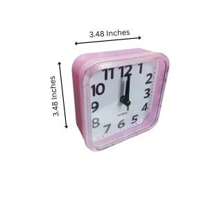 Alarm Clock Compact Pink Square Quartz – 3.48 Inch Silent Desk/Table Clock for Bedroom, Study & Travel