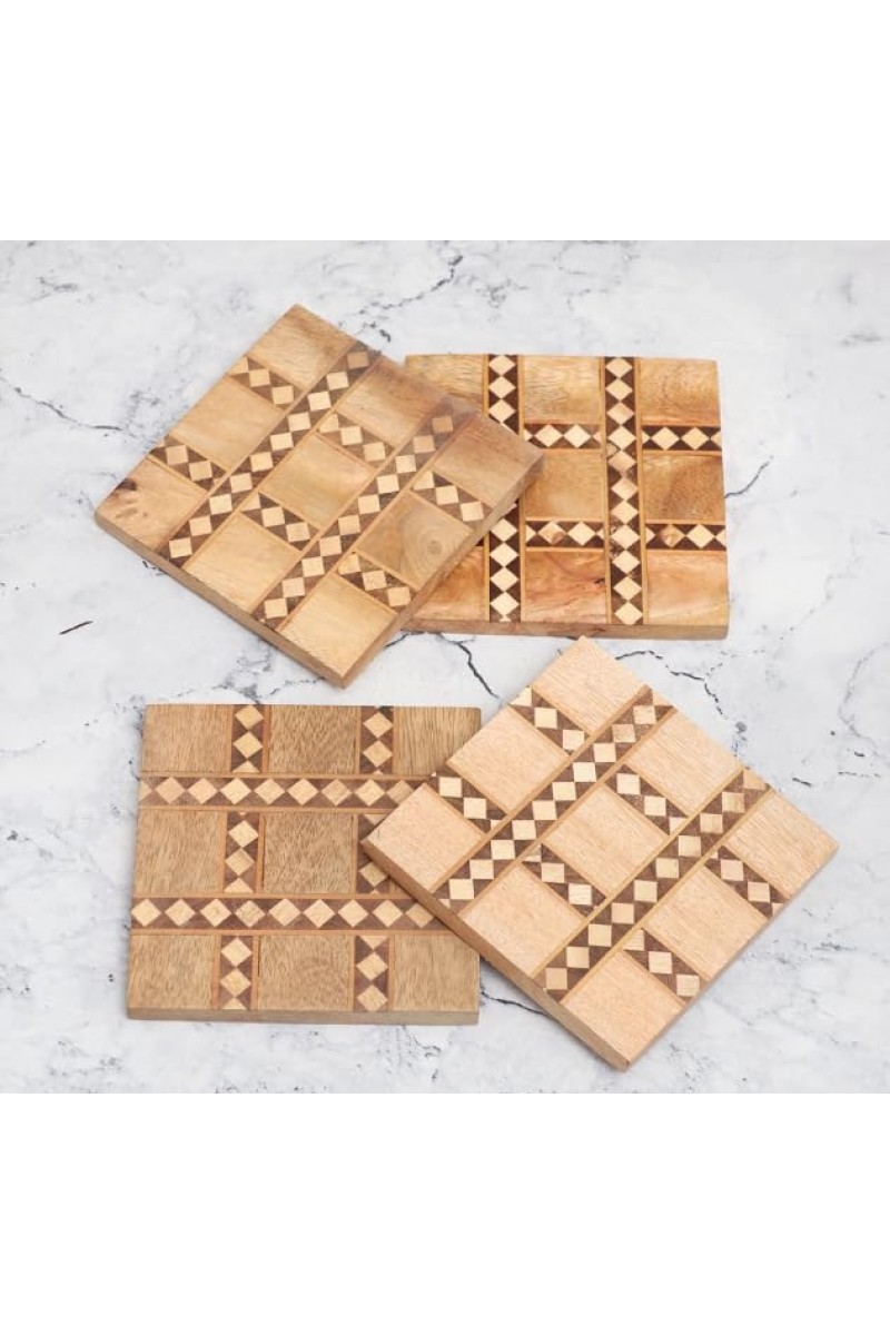 Modern Brown Wooden Tea Coasters – Set of 4 | Stylish Tabletop Drink Mats for Cups, Mugs & Glasses | Handcrafted Wooden Coaster Set for Home & Office Décor