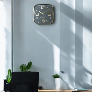 Square Golden Color Analog Wall Clock with Gold Numbers | Silent Sweep Quartz Movement | Decorative Wall Clock for Home, Office, and Living Room | Length-Breadth-Height 24.2cm x 24.2cm x 3.5cm