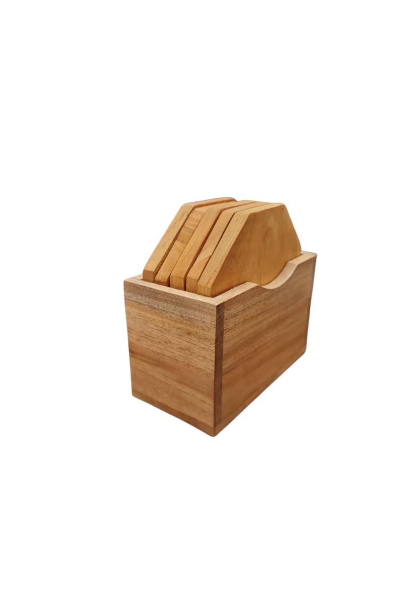Wooden Coasters Set of 5 with Holder – Natural Wood Tea & Coffee Coaster Set, Heat Resistant Table Protection for Home, Office & Dining