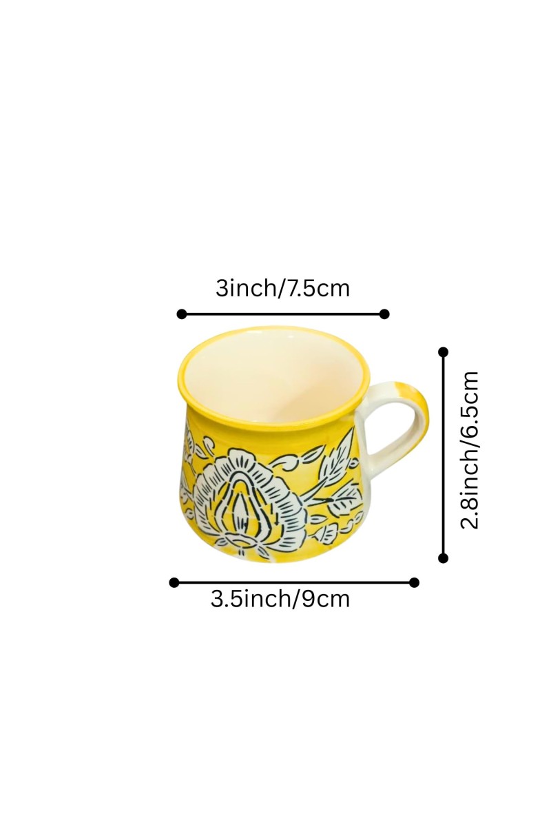 Ceramic Tea Coffee Cups Set of 6 | Yellow Floral Design | Pottery Chai Mugs | Dishwasher & Microwave Safe. (Yellow)