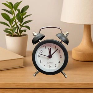 Small Twin-Bell Analog Alarm Clock for Bedroom | Loud Vintage Alarm, Battery Operated Mini Table Clock for Kids & Adults | Portable Classic Bedside Clock (1 Pc) (3.8 inch/2inch) Black