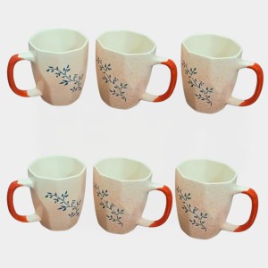 Ceramic Tea & Coffee Mugs Set of 6 – Elegant Leaf Print Cups with Comfortable Handle for Home, Office & Gifting