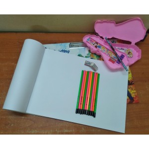 HiTech Sales Wooden Drawing Board with Large Drawing Notebook, 10 Drawing + 1 Writing Pencil 2 Eraser 1 Sharpner one 15 cm Scale one 2 lid Pencil Box Combo at Low Cost for Kids/Students, Girls & Boys
