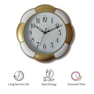 Classic Analog Wall Clock | Round Gold and White Colour with Black Numbers | Decorative Wall Clock for Home, Office, and Living Room | Length-Breadth-Height 24.7cm x 24.7cm x 0.5cm