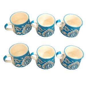 Handcrafted Blue Ceramic Tea & Coffee Cups with Floral Design | Hand-Painted Pottery Mugs | Microwave Safe | Blue Set of 6