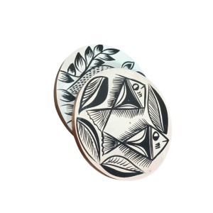Handcrafted Wooden Coasters Set of 2 – Hand-Painted Tribal Fish Art Round Tea & Coffee Coasters | Eco-Friendly Wooden Drink Coaster for Home, Office & Gifting