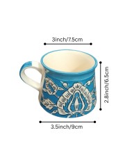 Handcrafted Blue Ceramic Tea & Coffee Cups with Floral Design | Hand-Painted Pottery Mugs | Microwave Safe | Blue Set of 6