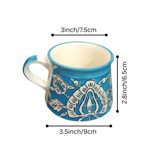 Handcrafted Blue Ceramic Tea & Coffee Cups with Floral Design | Hand-Painted Pottery Mugs | Microwave Safe | Blue Set of 6
