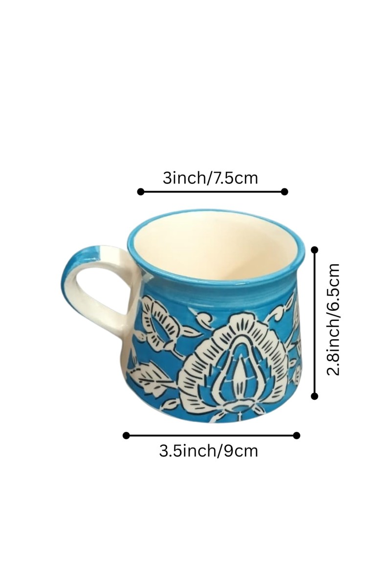 Handcrafted Blue Ceramic Tea & Coffee Cups with Floral Design | Hand-Painted Pottery Mugs | Microwave Safe | Blue Set of 6