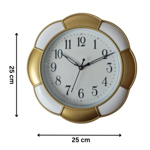 Classic Analog Wall Clock | Round Gold and White Colour with Black Numbers | Decorative Wall Clock for Home, Office, and Living Room | Length-Breadth-Height 24.7cm x 24.7cm x 0.5cm
