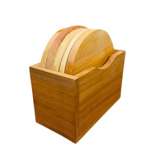 Wooden Tea Coaster Set with Holder | Premium Solid Wood Round Coasters for Hot & Cold Drinks, Tea, Coffee & Table Protection | Set of 5 (Round)