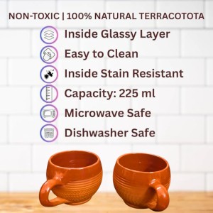 Terracotta Tea Cups with Handle (Set of 2) | Handcrafted Clay Kulhad Cups | Eco-Friendly Traditional Tea & Coffee Cups.