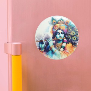 Stainless Steel Round Krishna Fridge Magnet | Decorative Spiritual Refrigerator Magnet for Home & Office | Pack of 2