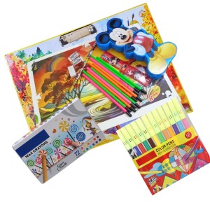 Drawing Board with Large Drawing Notebook, 10 Drawing Pencils + 1 Writing Pencil, 3 Erasers, 1 Sharpener, 12 Shades Crayon, 12 Shades Sketchpen Set, 15 cm Scale, 2-Lid Pencil Box