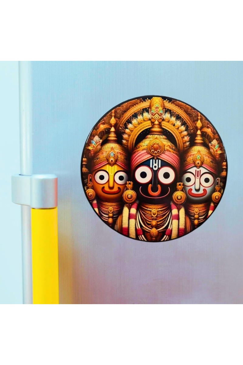 Stainless Steel Round Jagannath Balabhadra Subhadra Fridge Magnet | Devotional & Decorative Refrigerator Magnet for Home & Office | Pack of 4 (4)