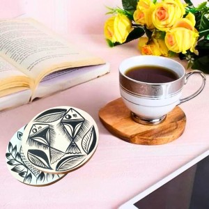 Handcrafted Wooden Coasters Set of 2 – Hand-Painted Tribal Fish Art Round Tea & Coffee Coasters | Eco-Friendly Wooden Drink Coaster for Home, Office & Gifting